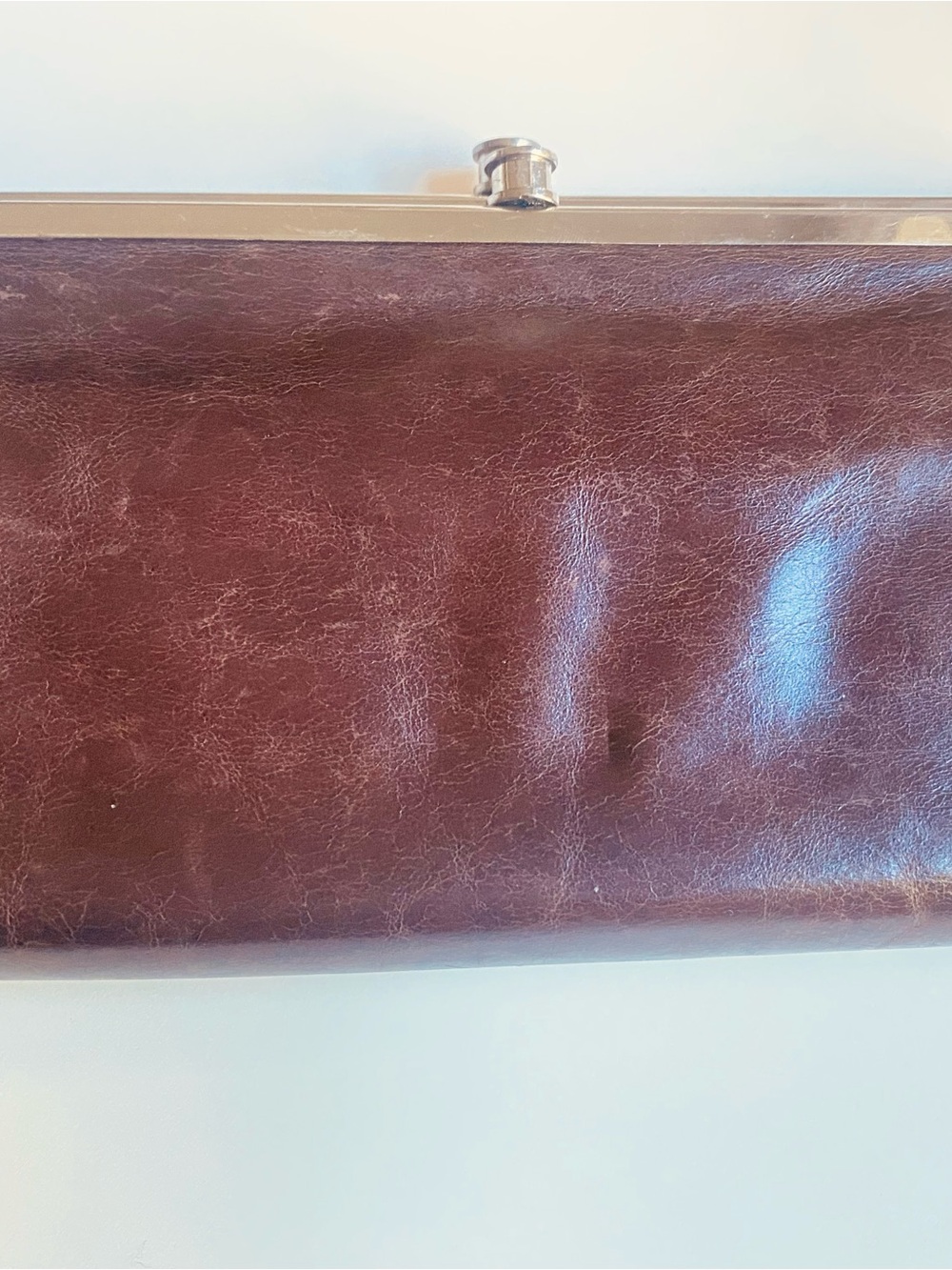 HOBO Brushed Silver clasp clutch with Burgundy Leather